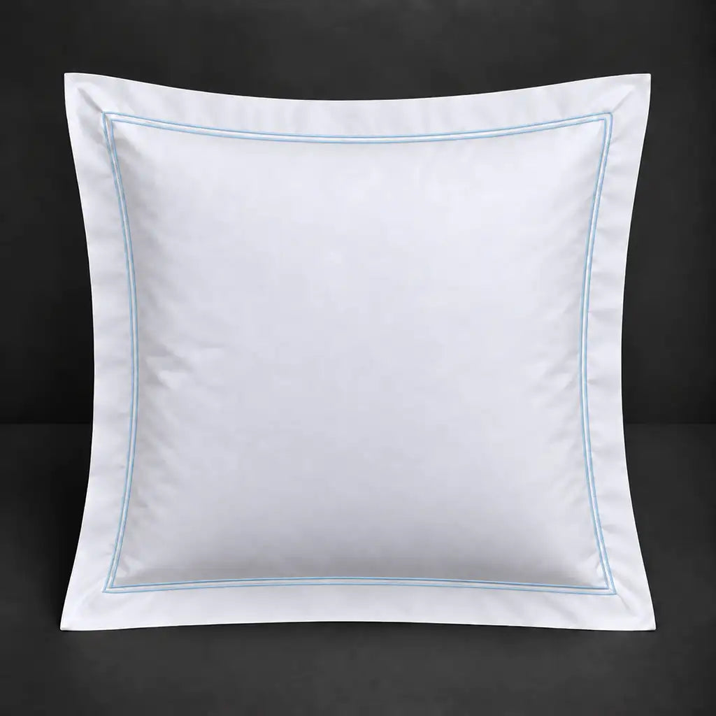 White Oxford 300TC 100% cotton percale continental pillowcase with two row duck egg satin stitch border by Linen and Co