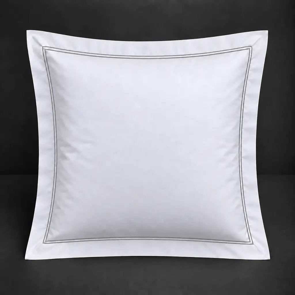 White Oxford 200TC 100% cotton percale continental pillowcase with two row grey satin stitch border by Linen and Co