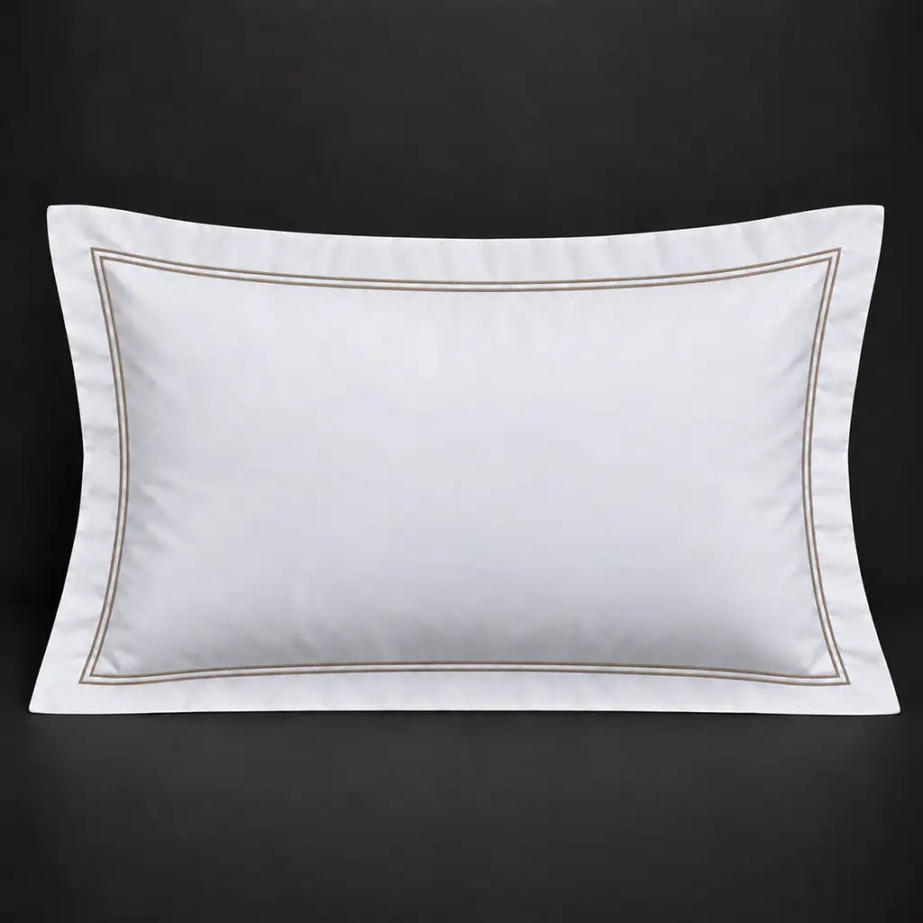 White Oxford 200TC 100% cotton percale pillowcase for Standard and King sizes with two row stone satin stitch border by Linen and Co