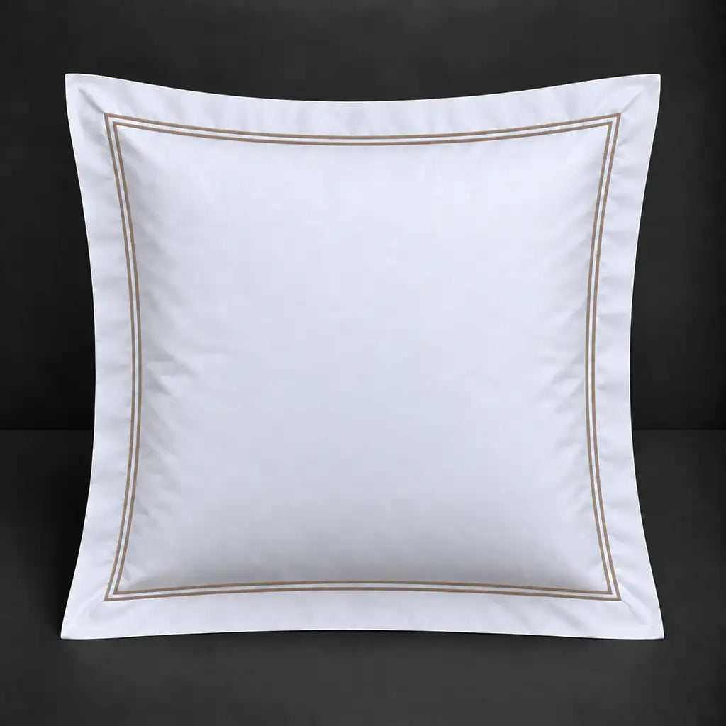 White Oxford 300TC 100% cotton percale continental pillowcase with two row stone satin stitch border by Linen and Co