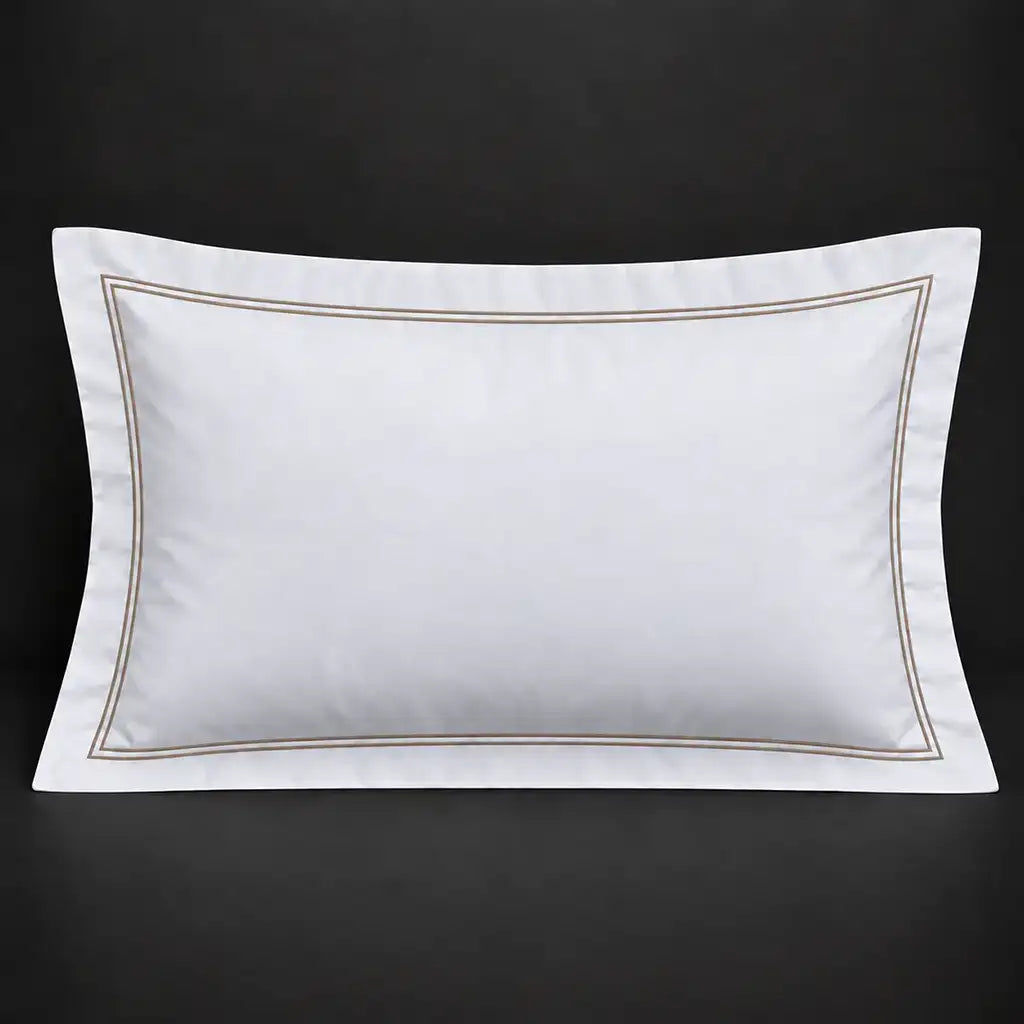White Oxford 300TC 100% cotton percale pillowcase for Standard and King sizes with two row stone satin stitch border by Linen and Co