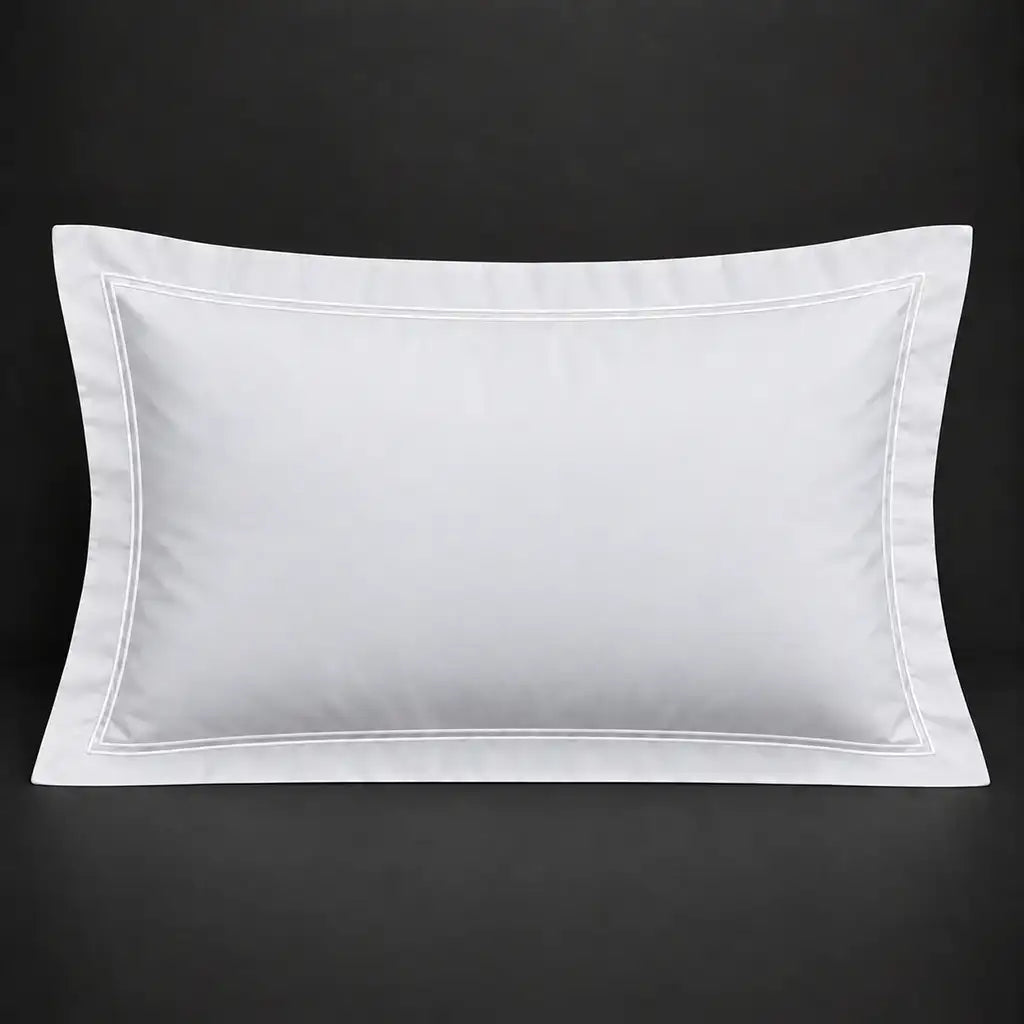 White Oxford 300TC 100% cotton percale pillowcase for Standard and King sizes with two row white satin stitch border by Linen and Co