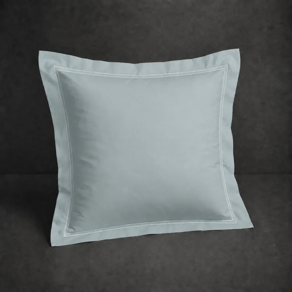 Duck Egg polycotton percale 200TC Oxford pillow case, Continental, duck egg two row satin stitch — front view.
