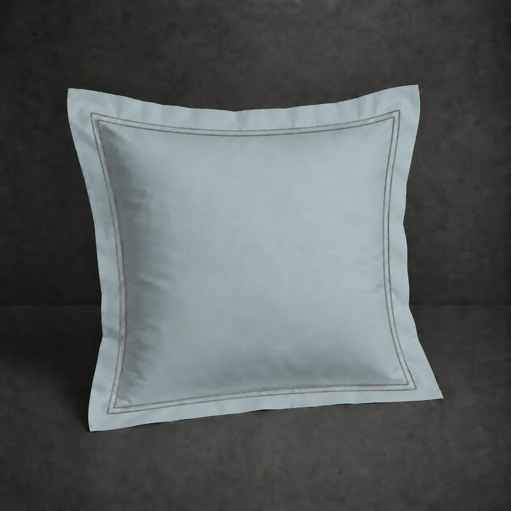 Duck Egg polycotton percale 200TC Oxford pillow case, Continental, grey two row satin stitch — front view.
