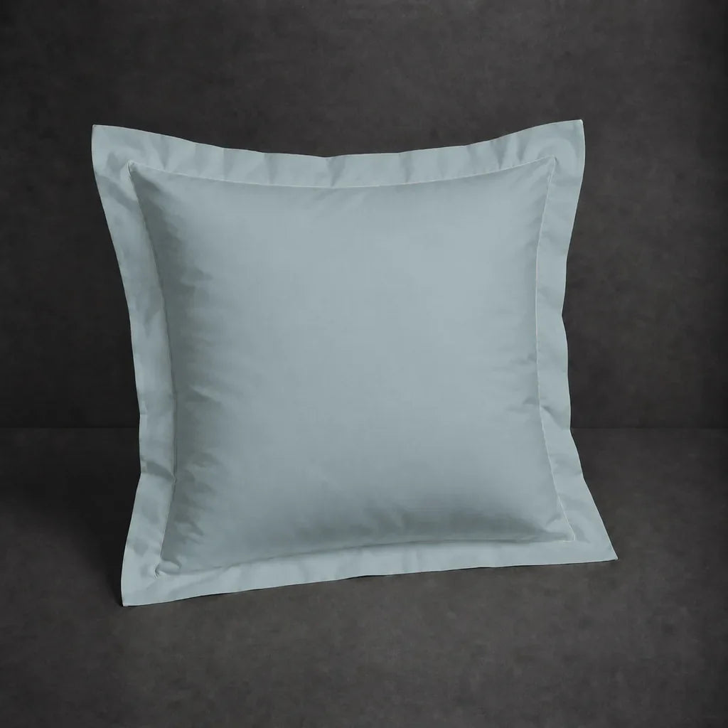 Duck Egg polycotton percale 200TC Oxford pillow case, Continental, natural cream one row satin stitch — front view.