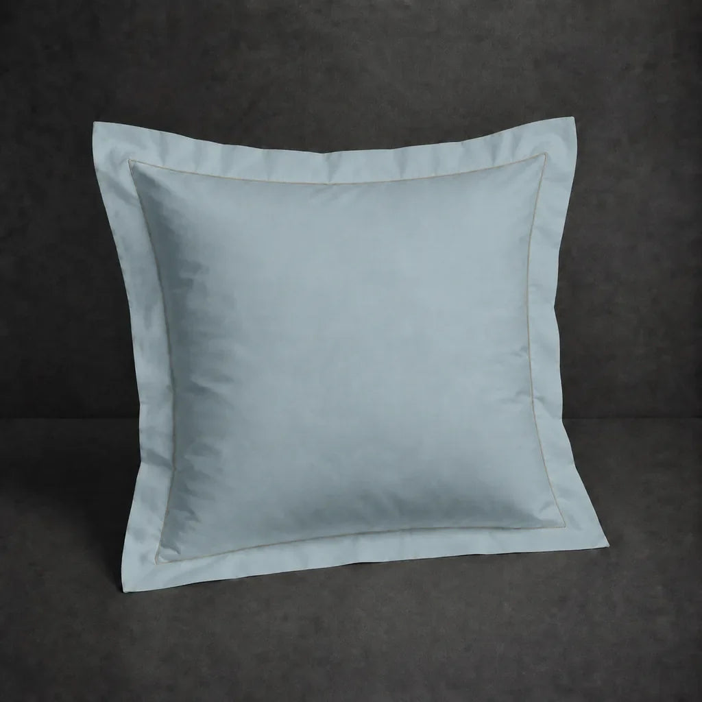 Duck Egg polycotton percale 200TC Oxford pillow case, Continental, stone one row satin stitch — front view.