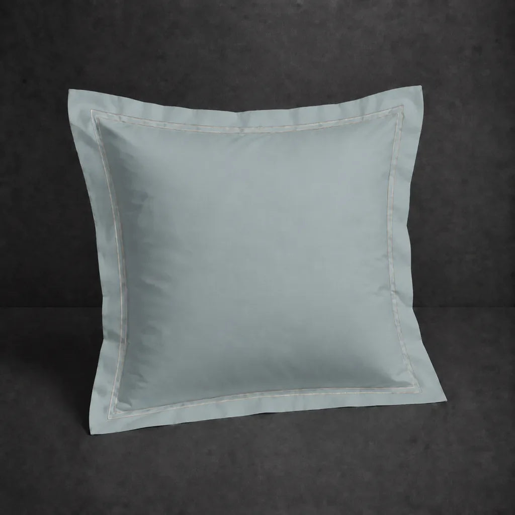 Duck Egg polycotton percale 200TC Oxford pillow case, Continental, stone two row satin stitch — front view.