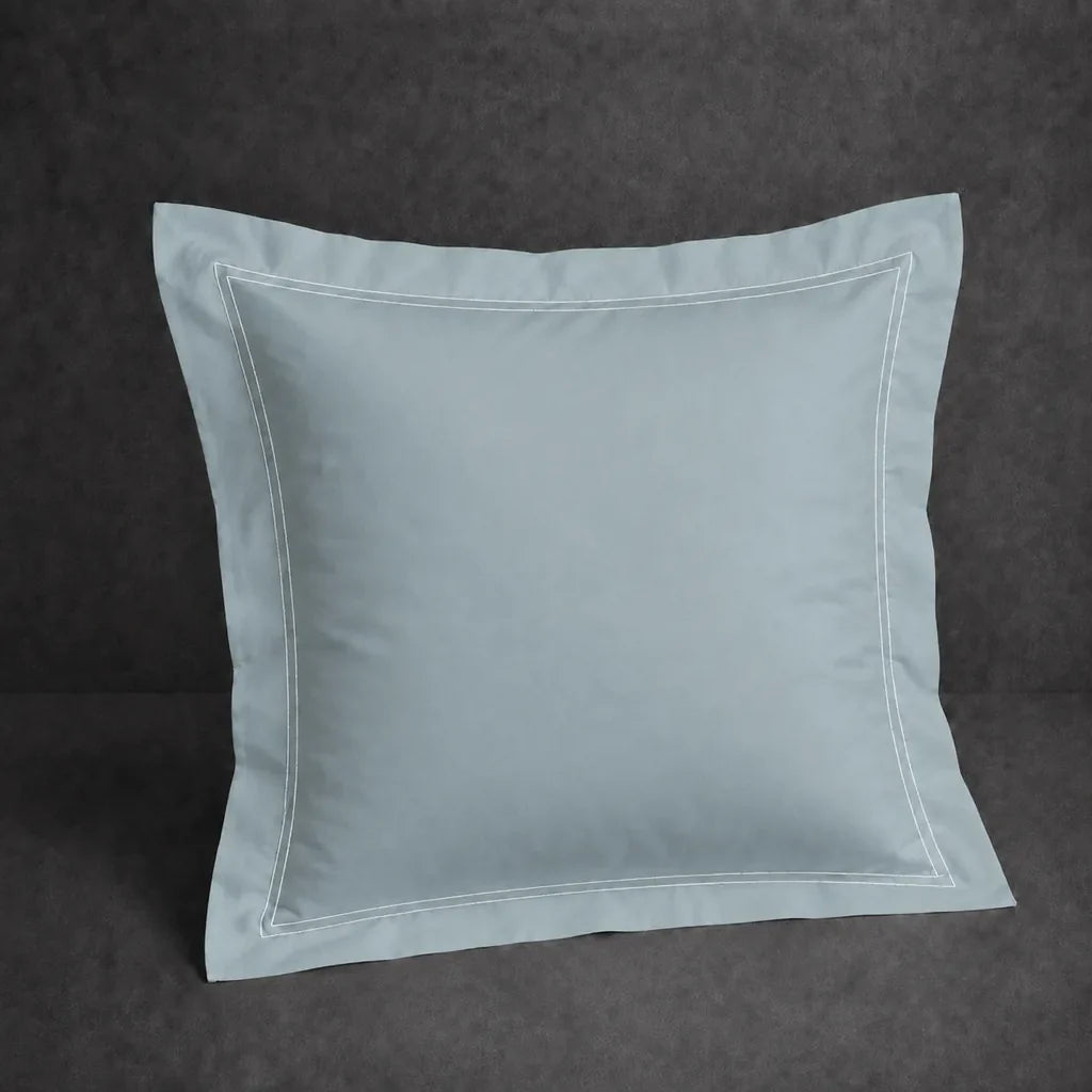 Duck Egg polycotton percale 200TC Oxford pillow case, Continental, white two row satin stitch — front view.