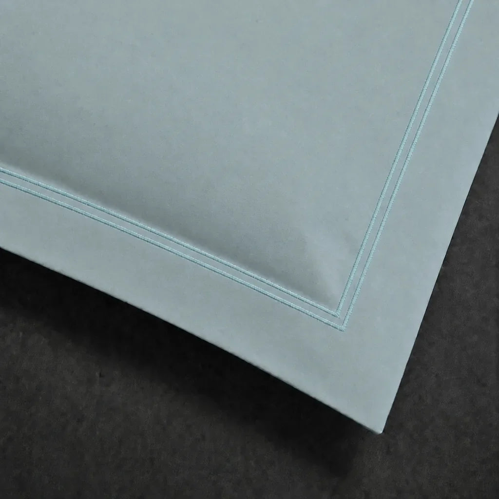 Duck Egg polycotton percale 200TC Oxford pillow case, Standard and King, duck egg two row satin stitch — close-up detail.