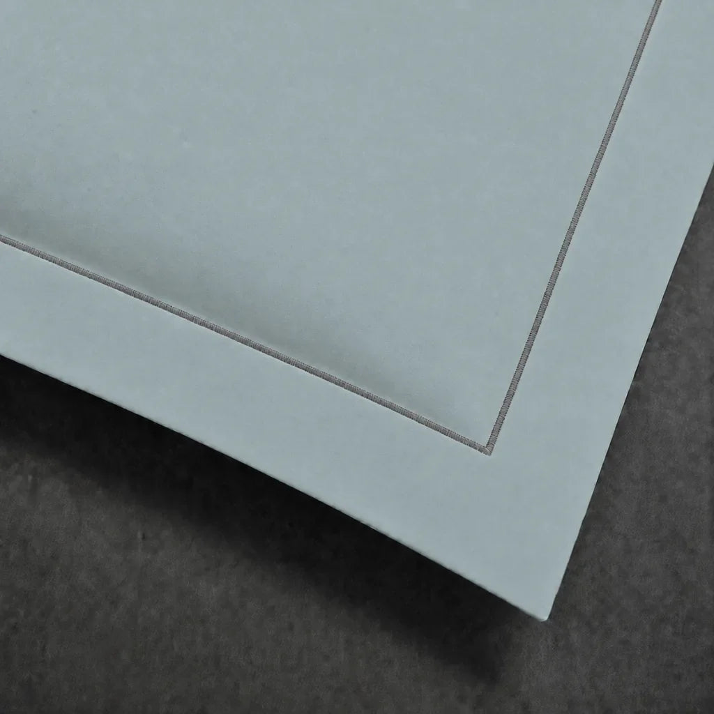 Duck Egg polycotton percale 200TC Oxford pillow case, Standard and King, grey one row satin stitch — close-up detail.