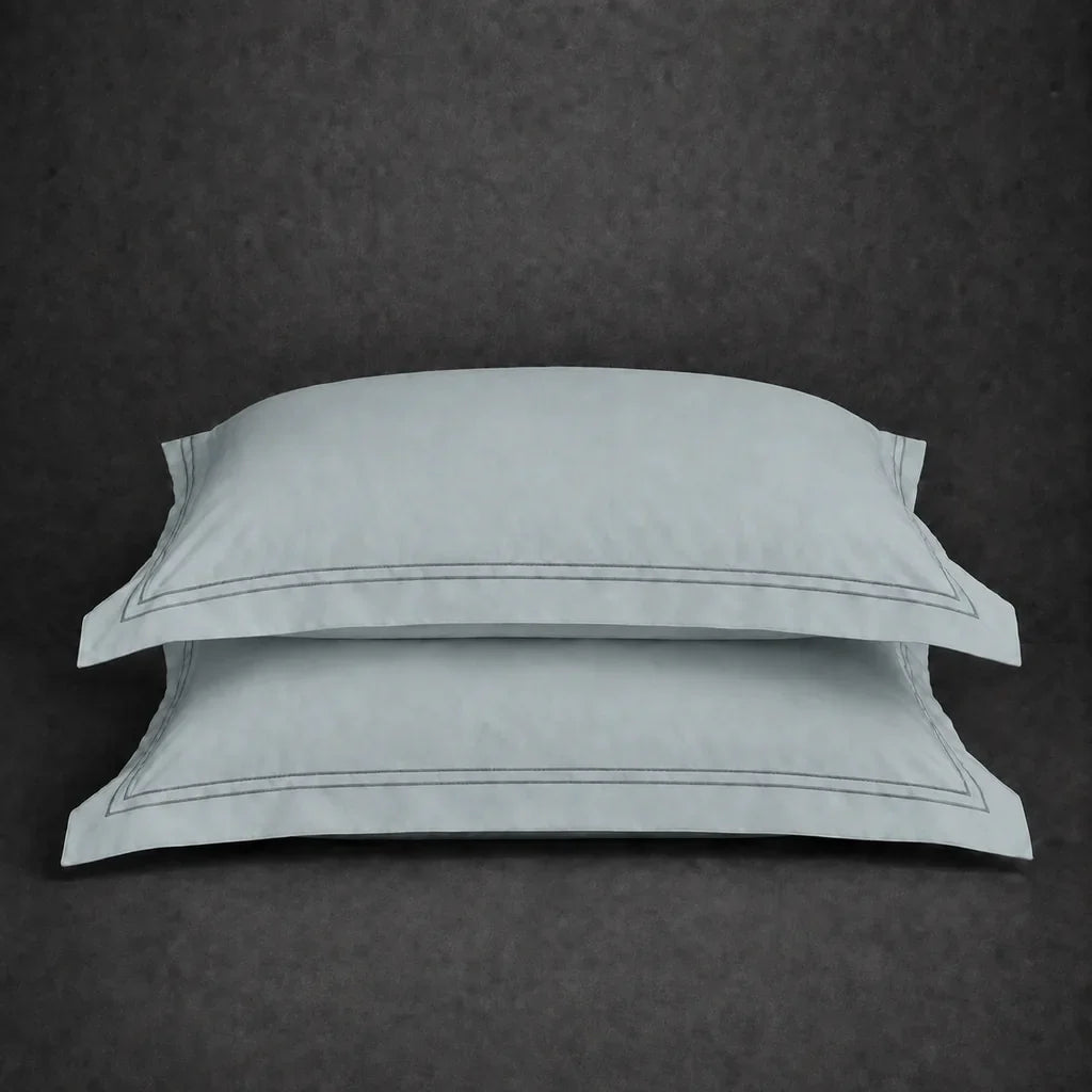 Duck Egg polycotton percale 200TC Oxford pillow case, Standard and King, grey two row satin stitch — stacked pair view.