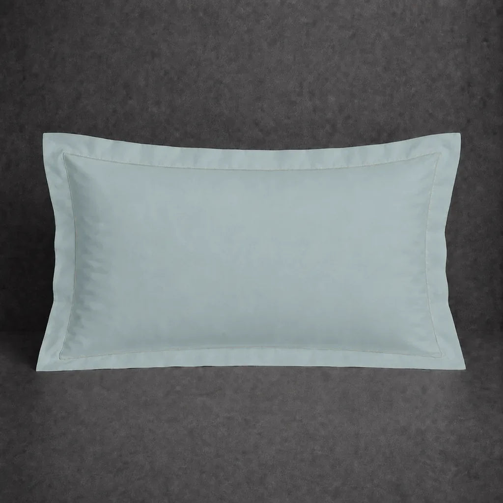 Duck Egg polycotton percale 200TC Oxford pillow case, Standard and King, natural cream one row satin stitch — front view.
