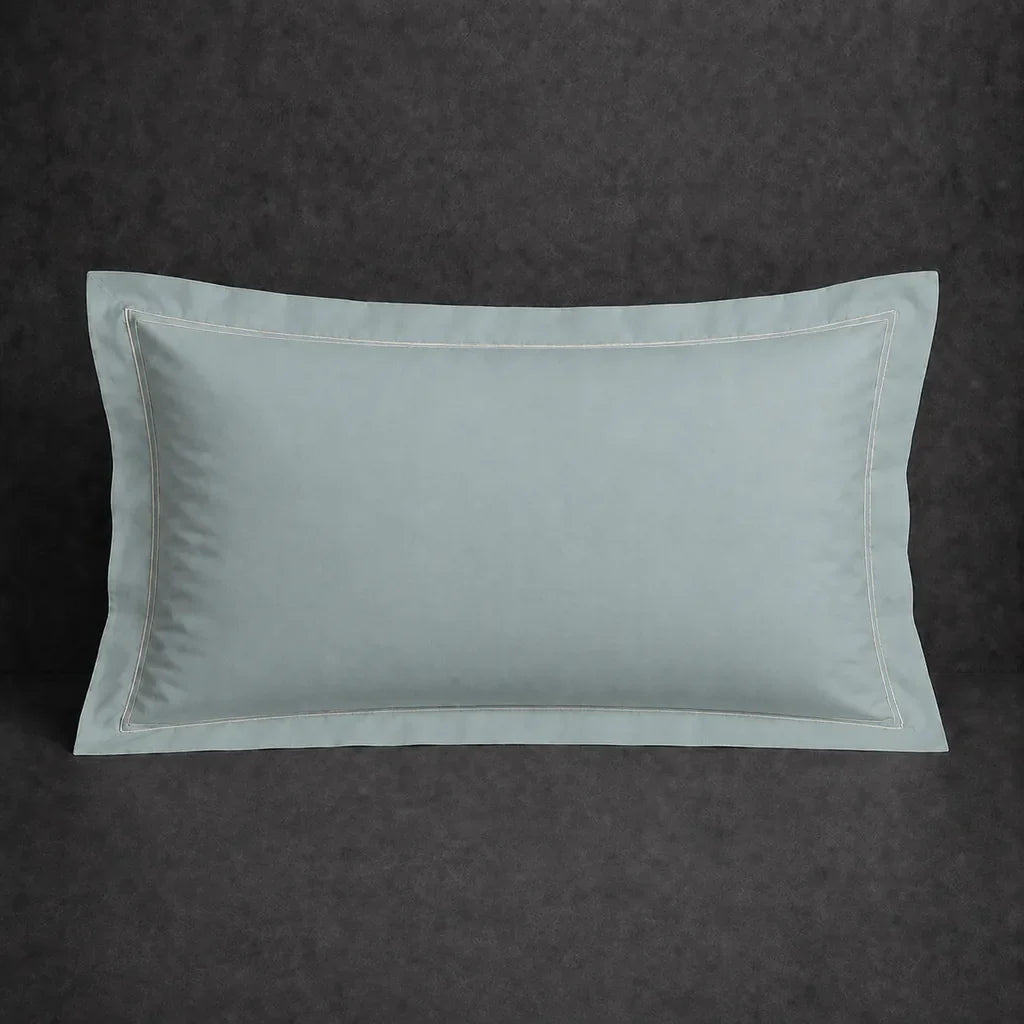 Duck Egg polycotton percale 200TC Oxford pillow case, Standard and King, natural cream two row satin stitch — front view.