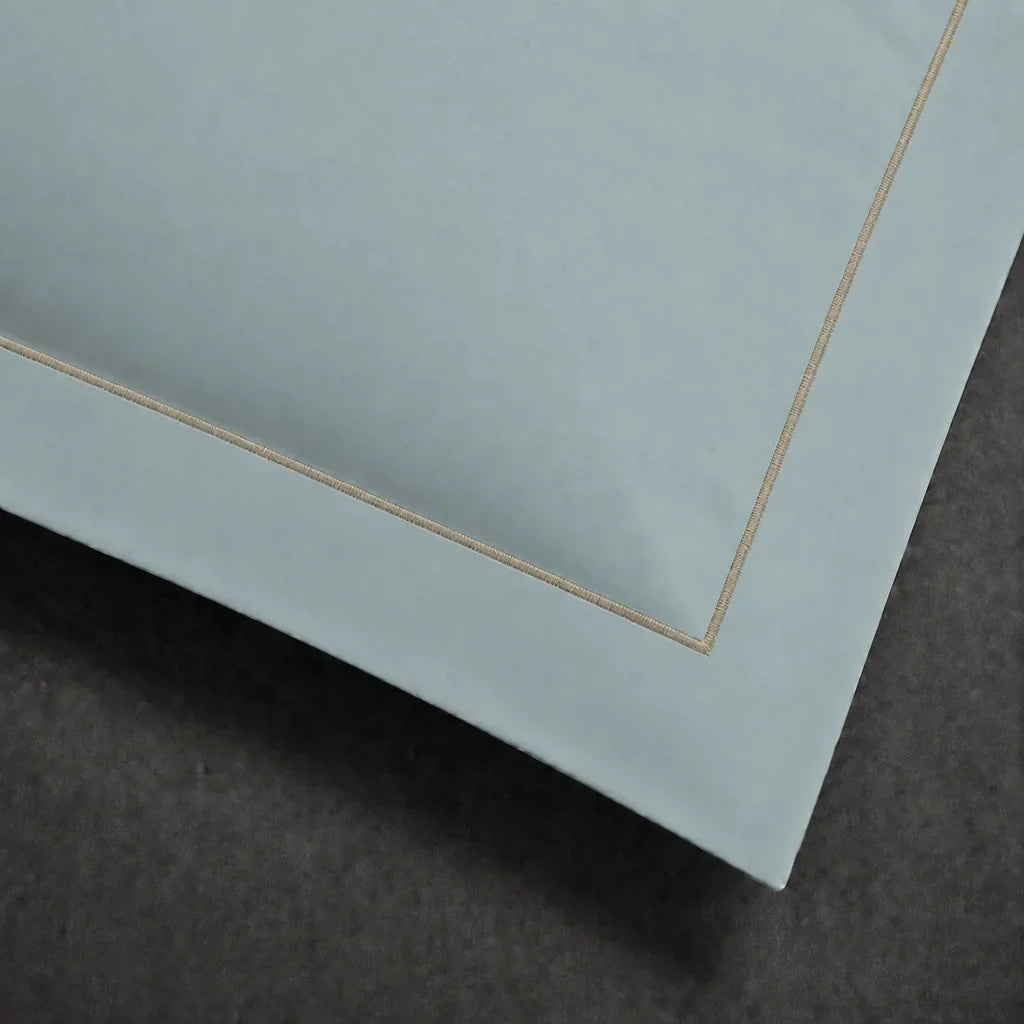 Duck Egg polycotton percale 200TC Oxford pillow case, Standard and King, stone one row satin stitch — close-up detail.