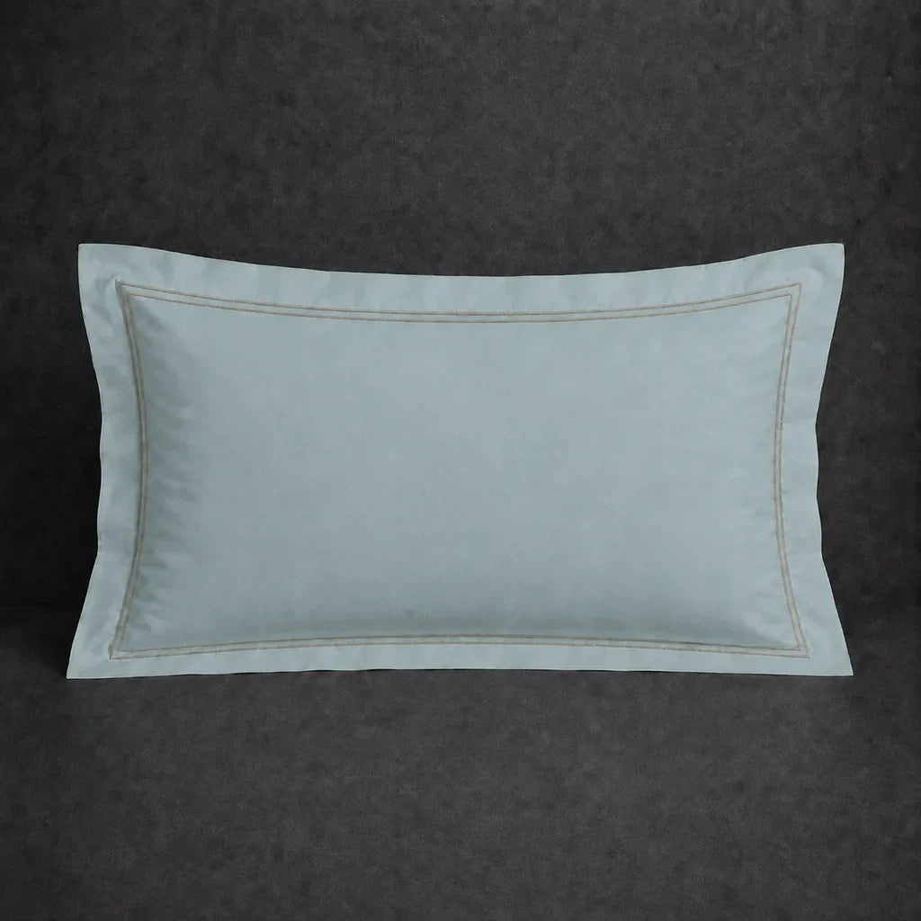 Duck Egg polycotton percale 200TC Oxford pillow case, Standard and King, stone two row satin stitch — front view.