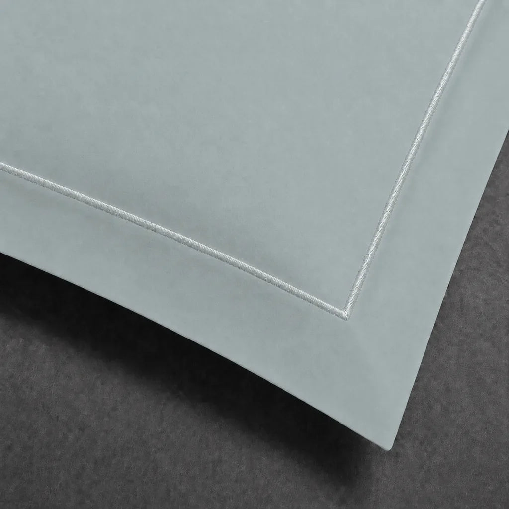 Duck Egg polycotton percale 200TC Oxford pillow case, Standard and King, white one row satin stitch — close-up detail.