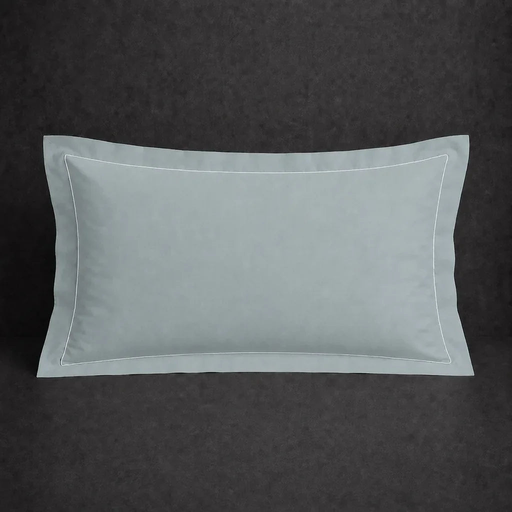 Duck Egg polycotton percale 200TC Oxford pillow case, Standard and King, white one row satin stitch — front view.
