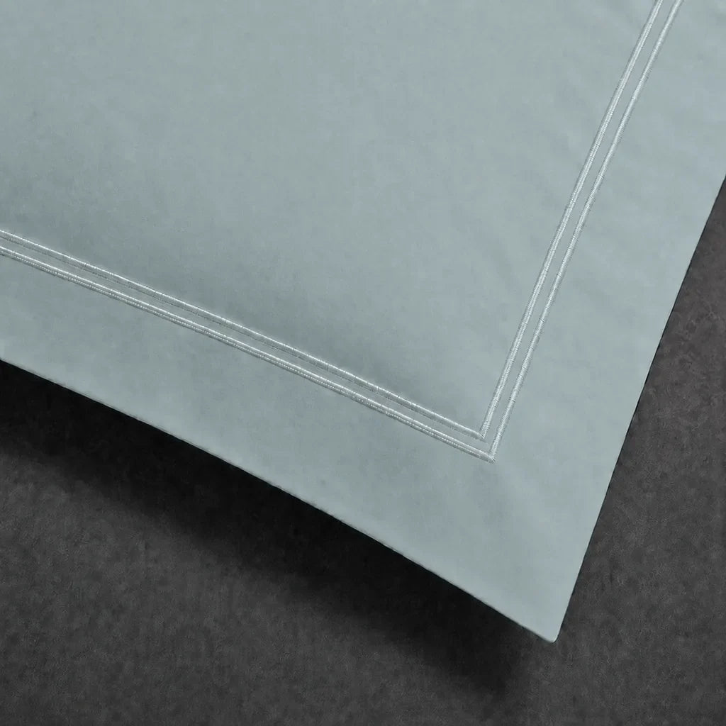 Duck Egg polycotton percale 200TC Oxford pillow case, Standard and King, white two row satin stitch — close-up detail.