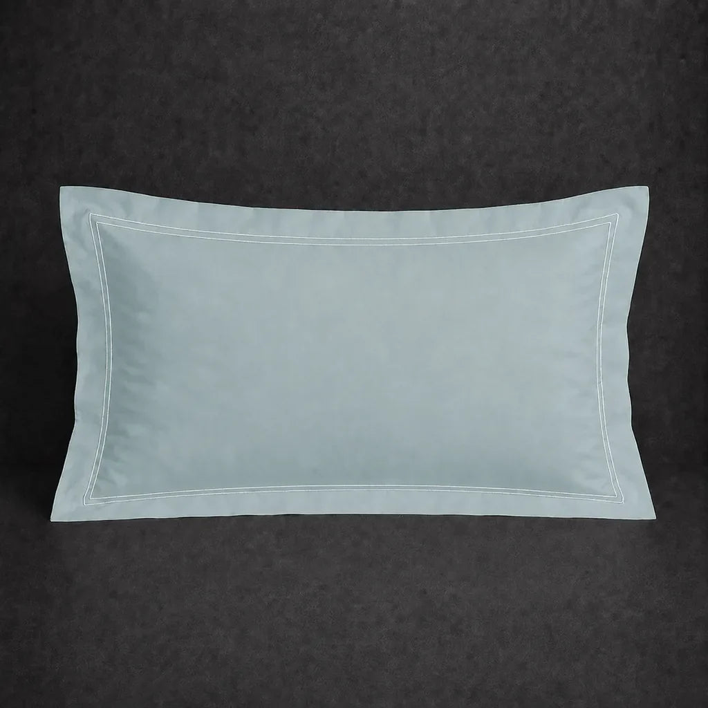 Duck Egg polycotton percale 200TC Oxford pillow case, Standard and King, white two row satin stitch — front view.