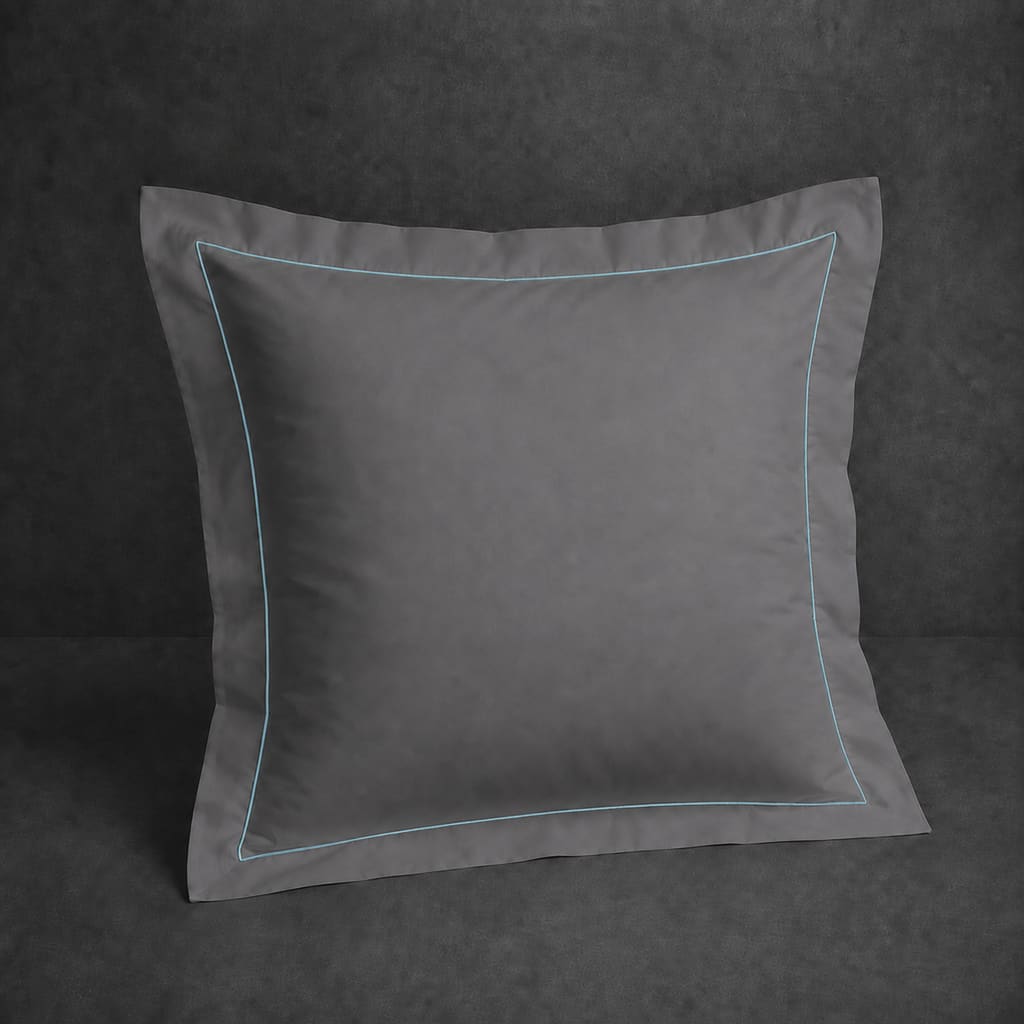 Grey polycotton percale 200TC Oxford pillow case, Continental, Duck Egg one row satin stitch — front view.