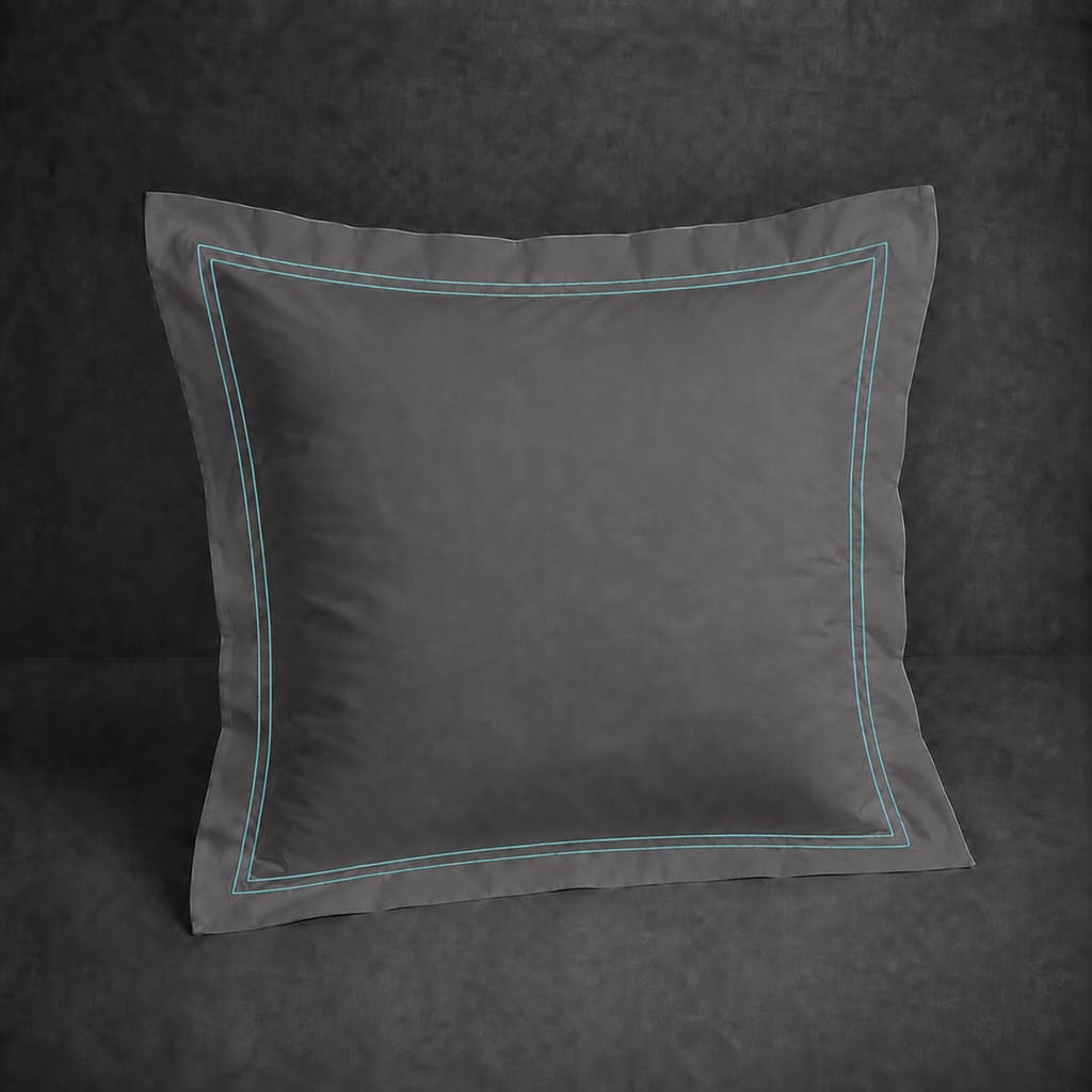 Grey polycotton percale 200TC Oxford pillow case, Continental, Duck Egg two row satin stitch — front view.