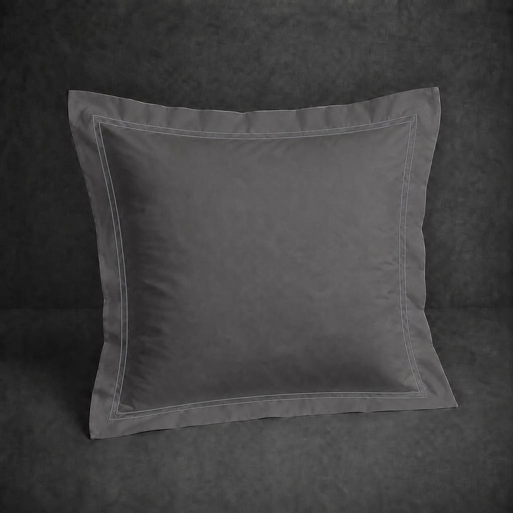 Grey polycotton percale 200TC Oxford pillow case, Continental, Grey two row satin stitch — front view.