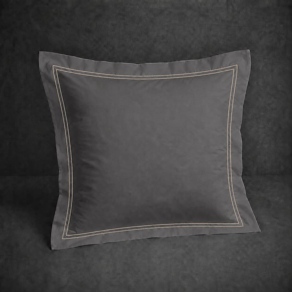 Grey polycotton percale 200TC Oxford pillow case, Continental, Stone two row satin stitch — front view.