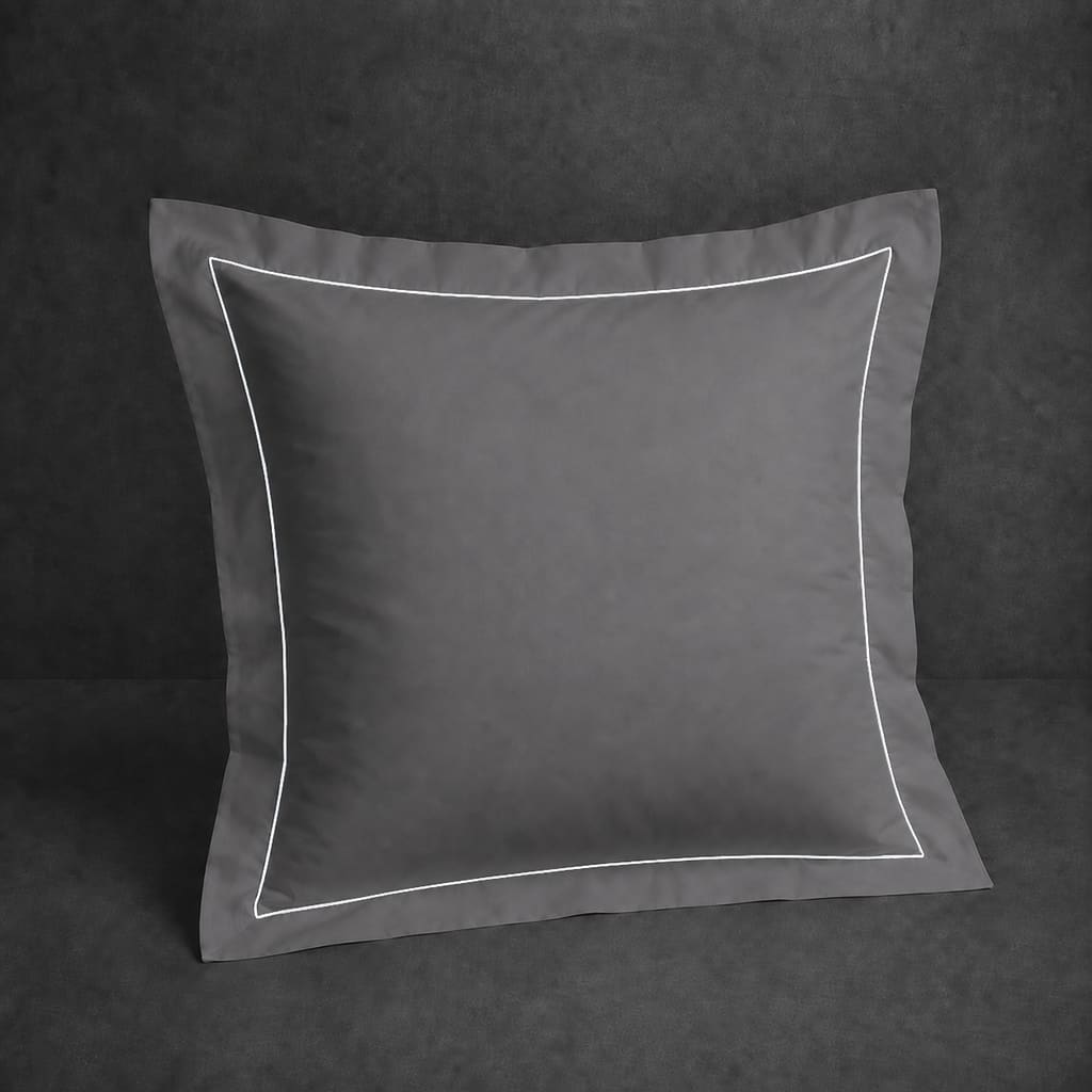 Grey polycotton percale 200TC Oxford pillow case, Continental, White one row satin stitch — front view.