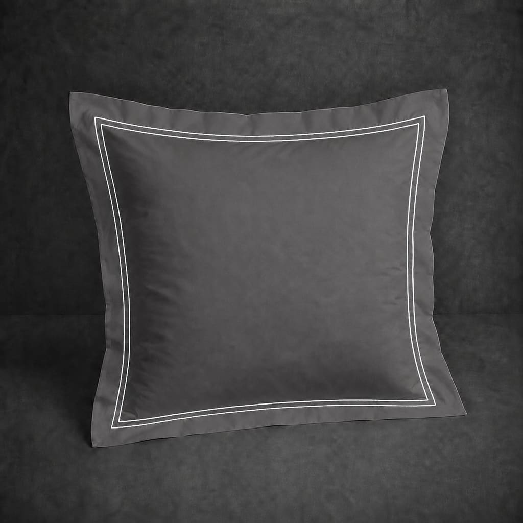 Grey polycotton percale 200TC Oxford pillow case, Continental, White two row satin stitch — front view.