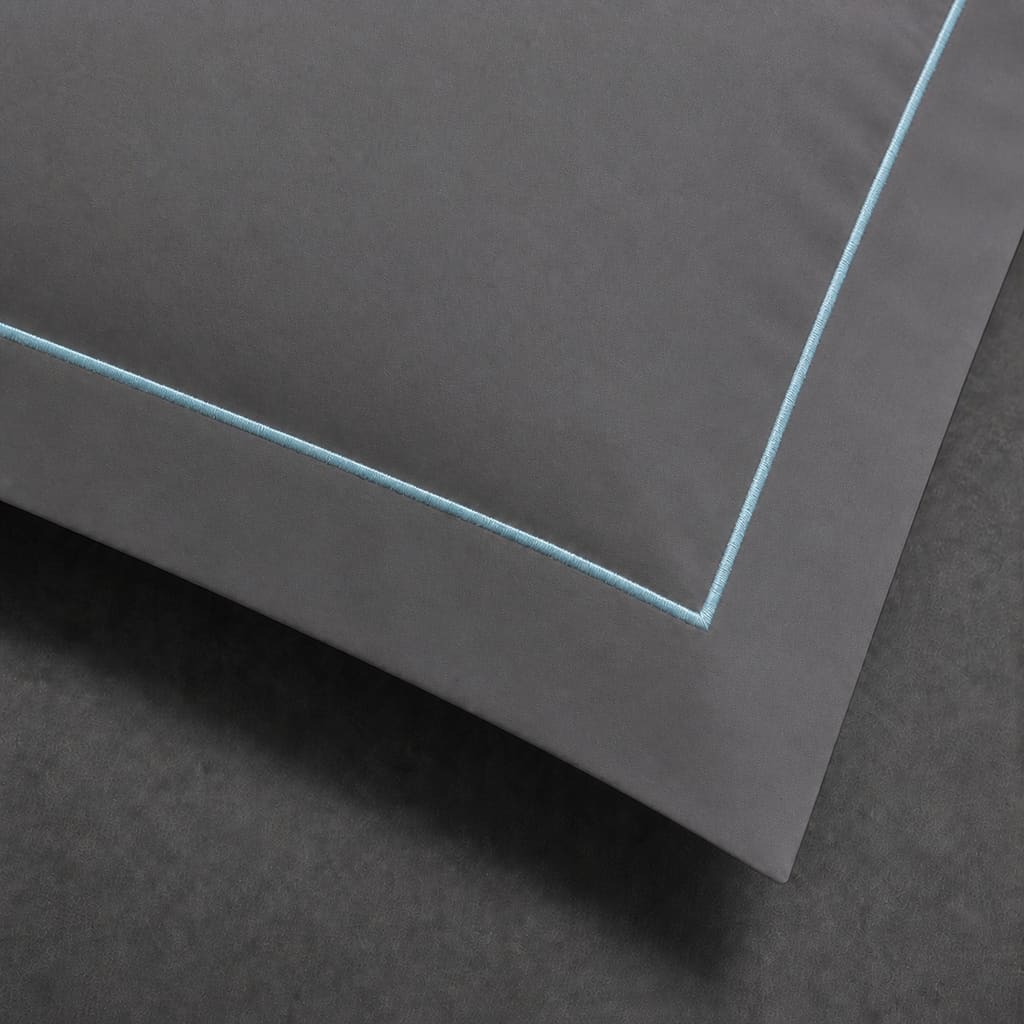 Grey polycotton percale 200TC Oxford pillow case, Standard and King, Duck Egg one row satin stitch — close-up detail.