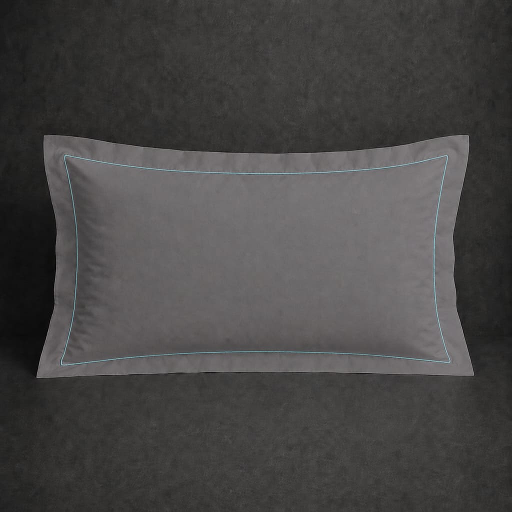 Grey polycotton percale 200TC Oxford pillow case, Standard and King, Duck Egg one row satin stitch — front view.