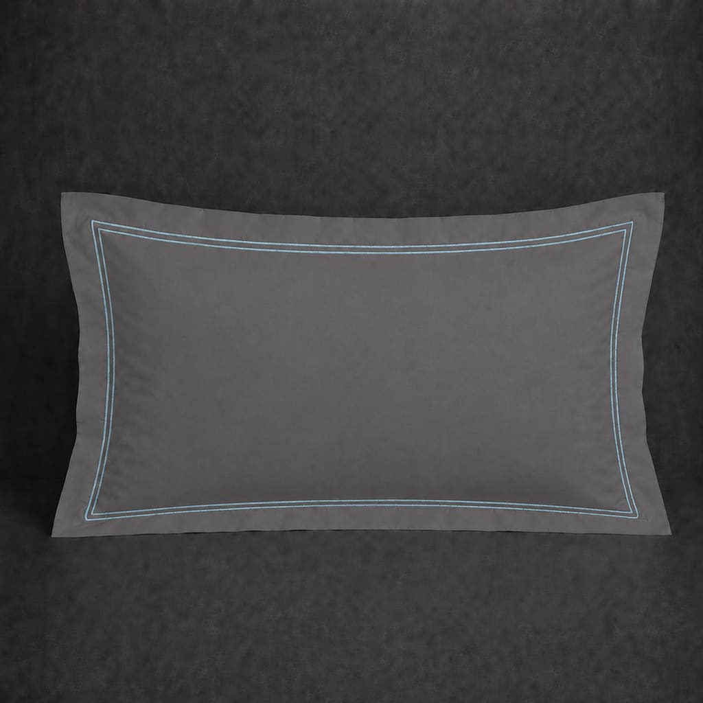 Grey polycotton percale 200TC Oxford pillow case, Standard and King, Duck Egg two row satin stitch — front view.