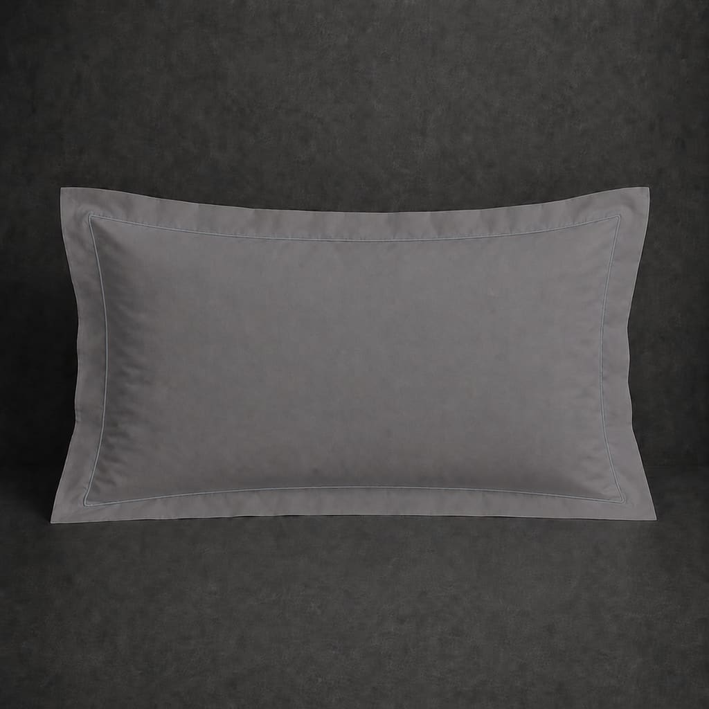 Grey polycotton percale 200TC Oxford pillow case, Standard and King, Grey one row satin stitch — front view.