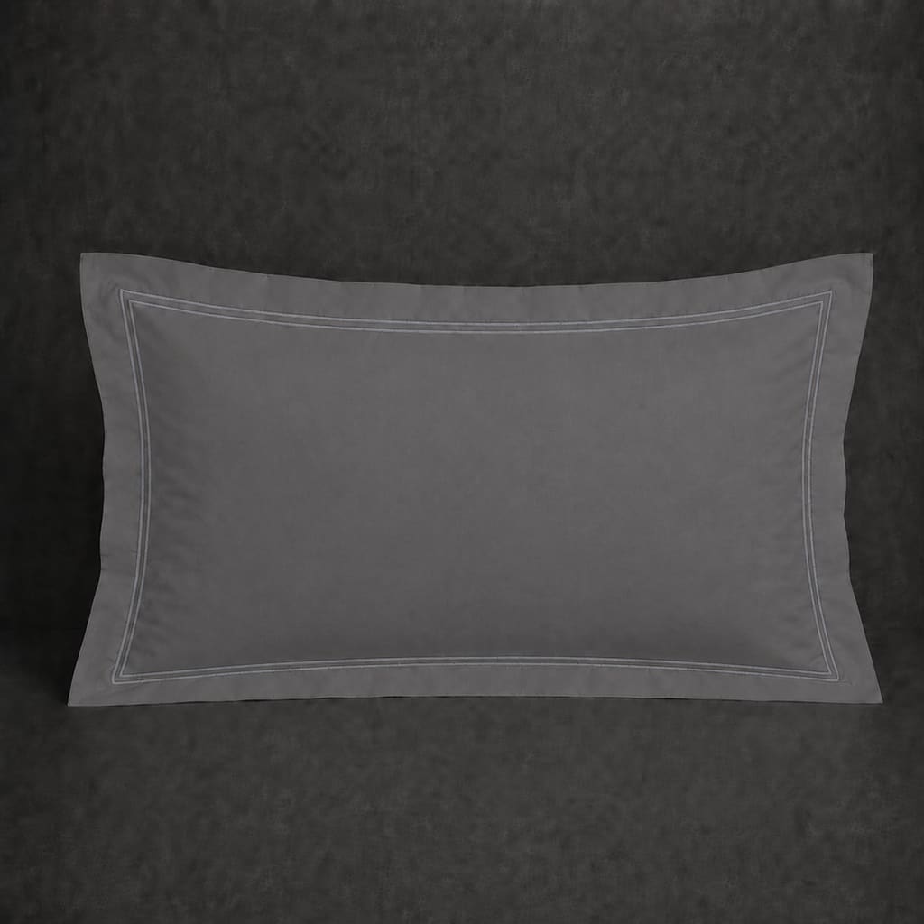 Grey polycotton percale 200TC Oxford pillow case, Standard and King, Grey two row satin stitch — front view.