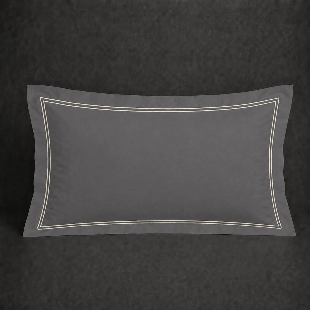 Grey polycotton percale 200TC Oxford pillow case, Standard and King, Natural Cream two row satin stitch — front view.