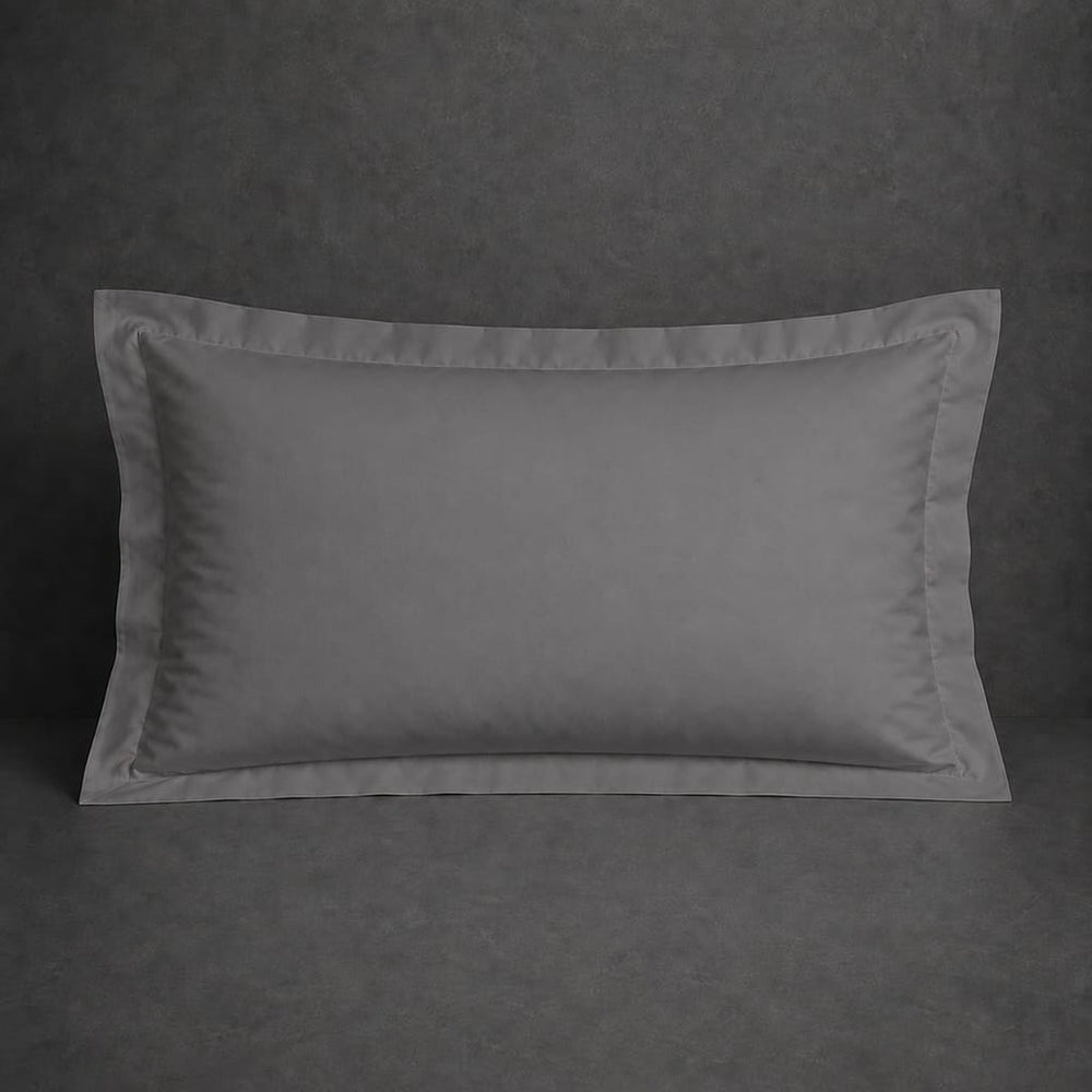 Grey polycotton percale 200TC Oxford pillow case, Standard and King, no satin stitch — front view.