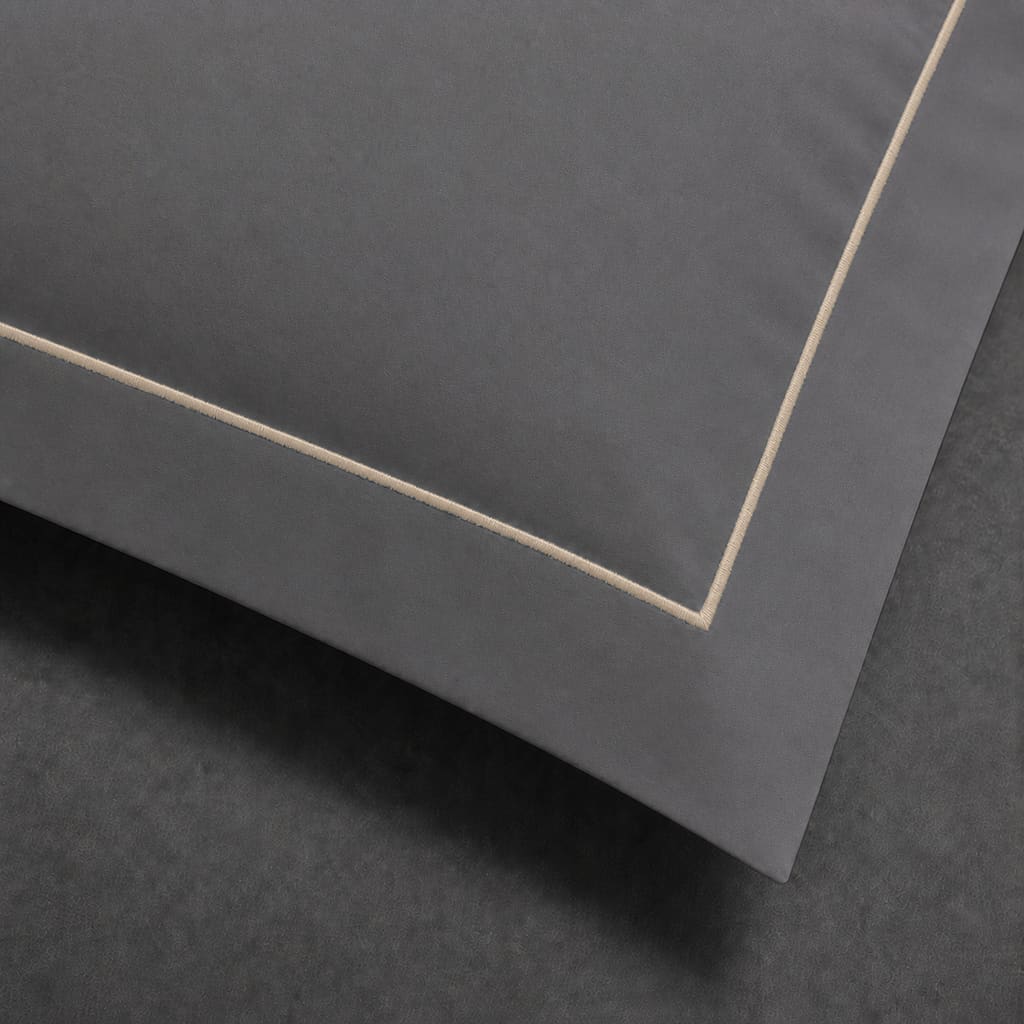 Grey polycotton percale 200TC Oxford pillow case, Standard and King, Stone one row satin stitch — close-up detail.