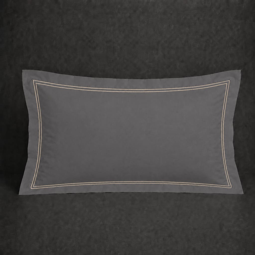 Grey polycotton percale 200TC Oxford pillow case, Standard and King, Stone two row satin stitch — front view.