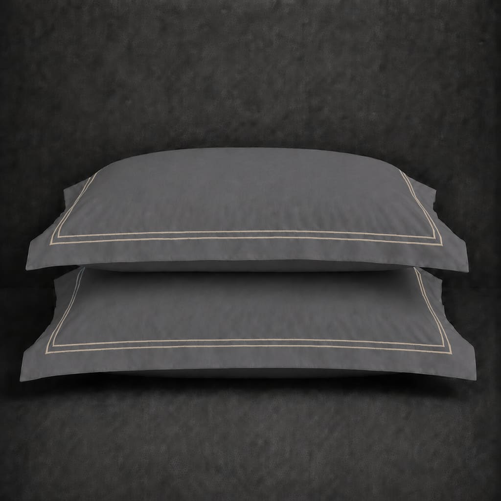 Grey polycotton percale 200TC Oxford pillow case, Standard and King, Stone two row satin stitch — stacked pair view.