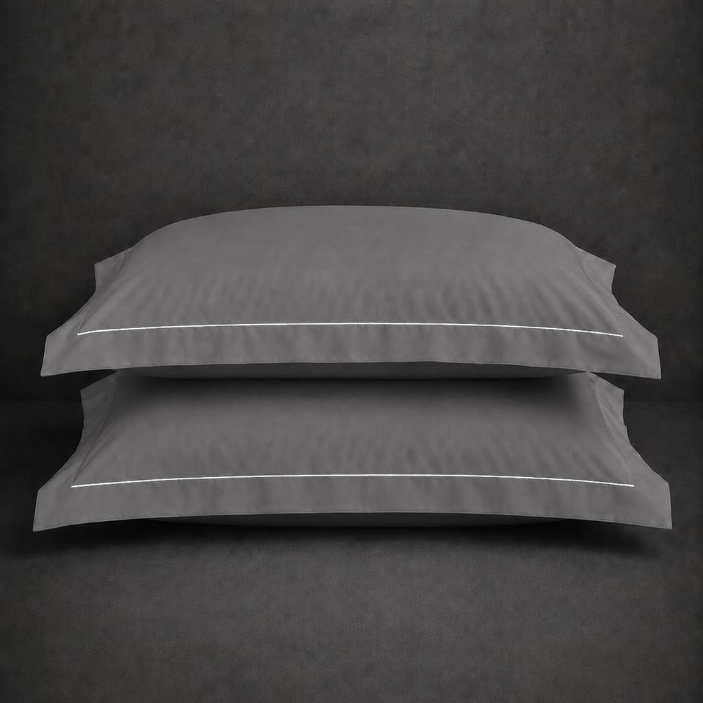 Grey polycotton percale 200TC Oxford pillow case, Standard and King, White one row satin stitch — stacked pair view.