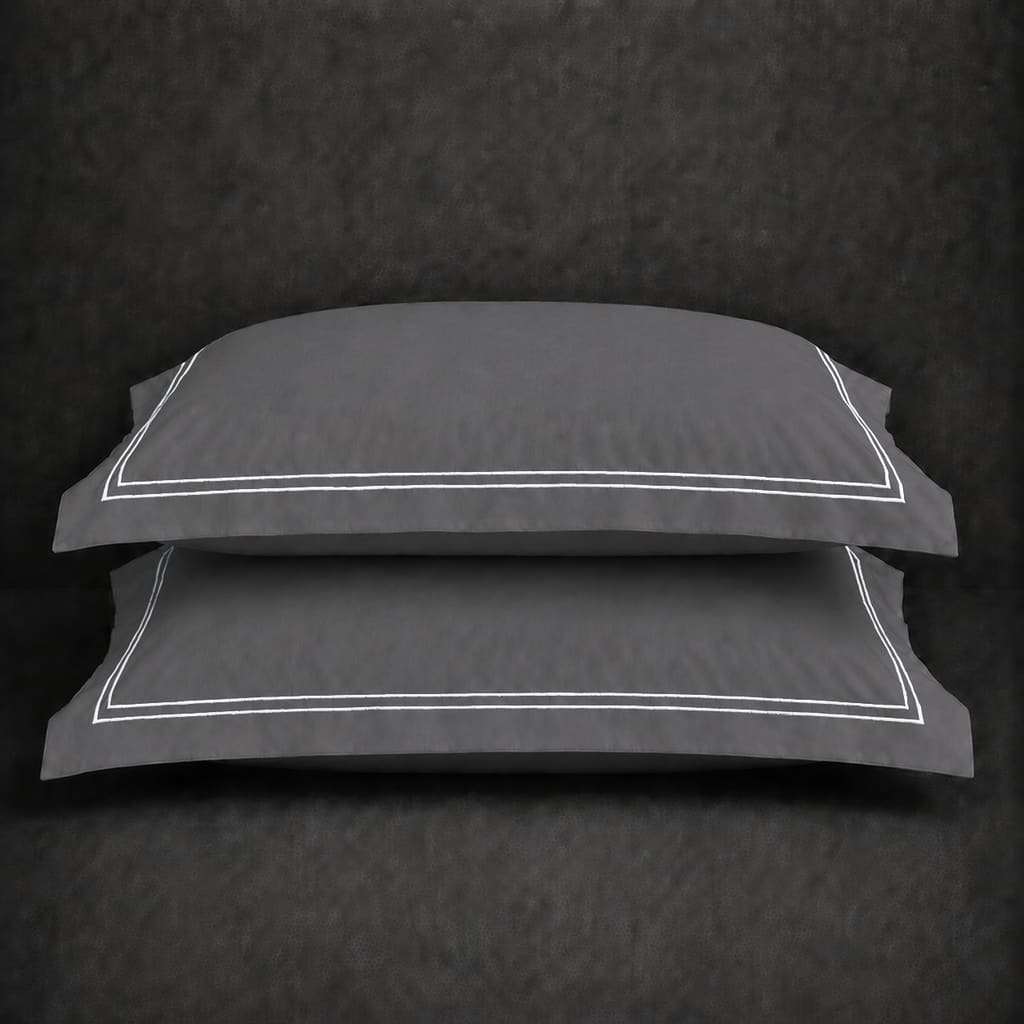 Grey polycotton percale 200TC Oxford pillow case, Standard and King, White two row satin stitch — stacked pair view.