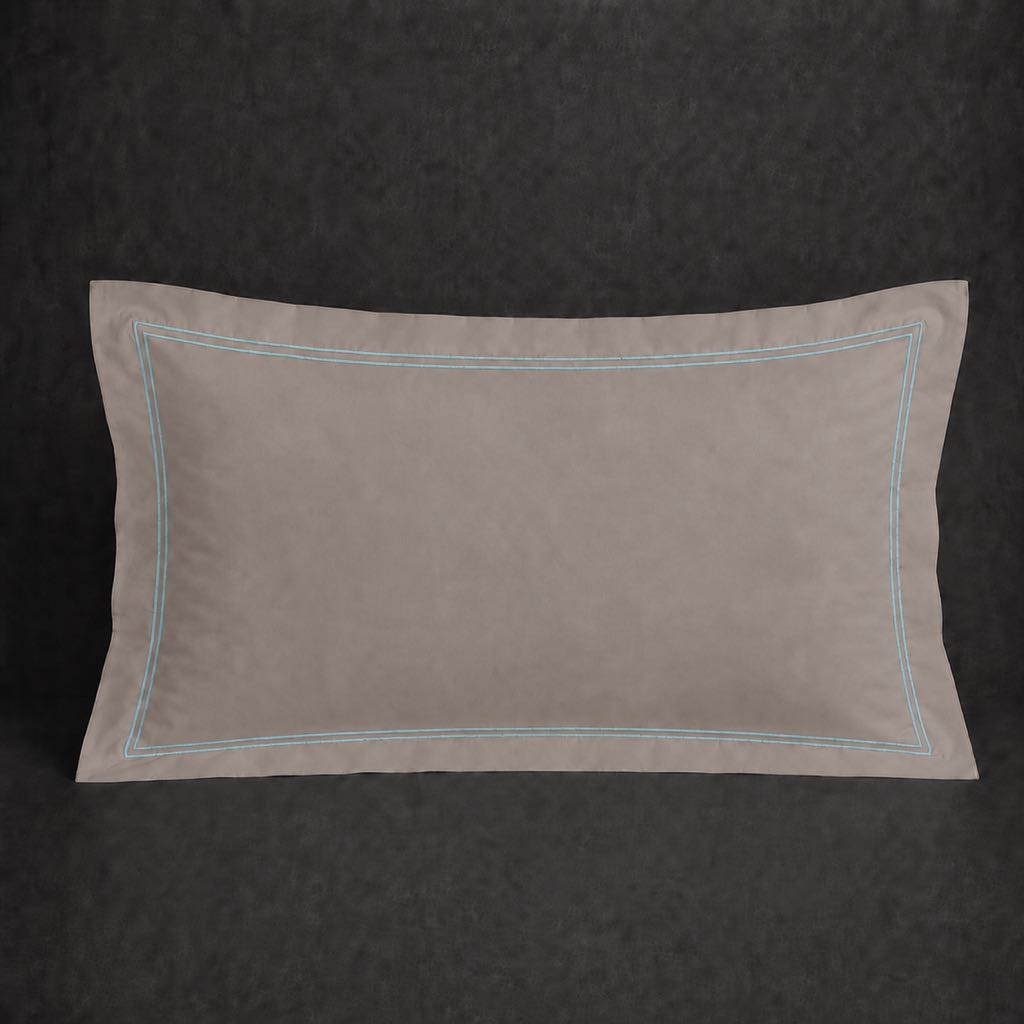 Stone polycotton percale 200TC Oxford pillow case, Standard and King, duck egg two row satin stitch — front view.
