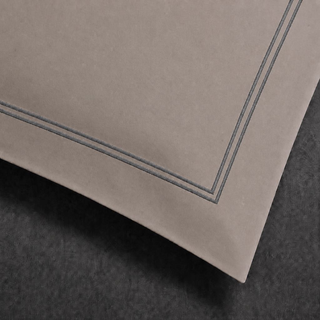 Stone polycotton percale 200TC Oxford pillow case, Standard and King, grey two row satin stitch — close-up detail.