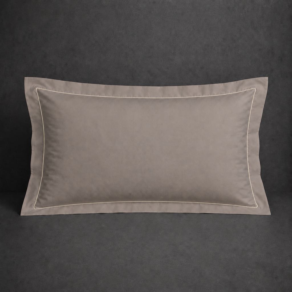 Stone polycotton percale 200TC Oxford pillow case, Standard and King, natural cream one row satin stitch — front view.