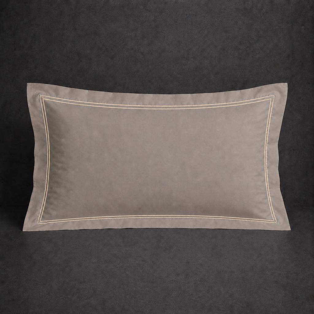 Stone polycotton percale 200TC Oxford pillow case, Standard and King, natural cream two row satin stitch — front view.