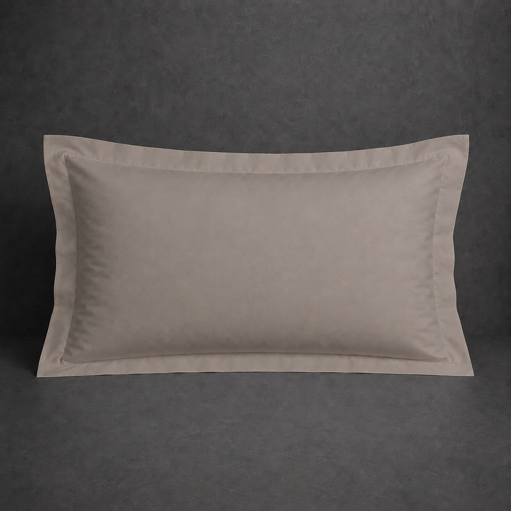 Stone polycotton percale 200TC Oxford pillow case, Standard and King, no satin stitch — front view.