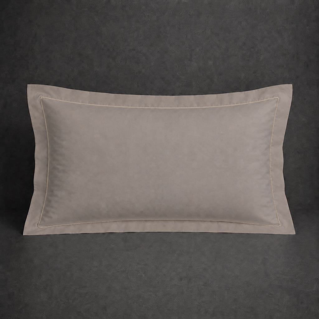Stone polycotton percale 200TC Oxford pillow case, Standard and King, stone one row satin stitch — front view.