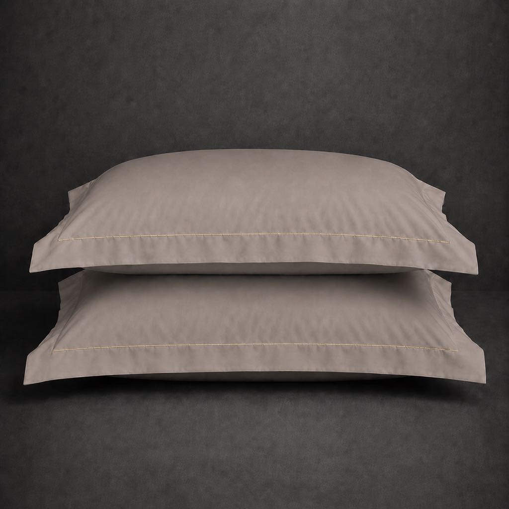 Stone polycotton percale 200TC Oxford pillow case, Standard and King, stone one row satin stitch — stacked pair view.