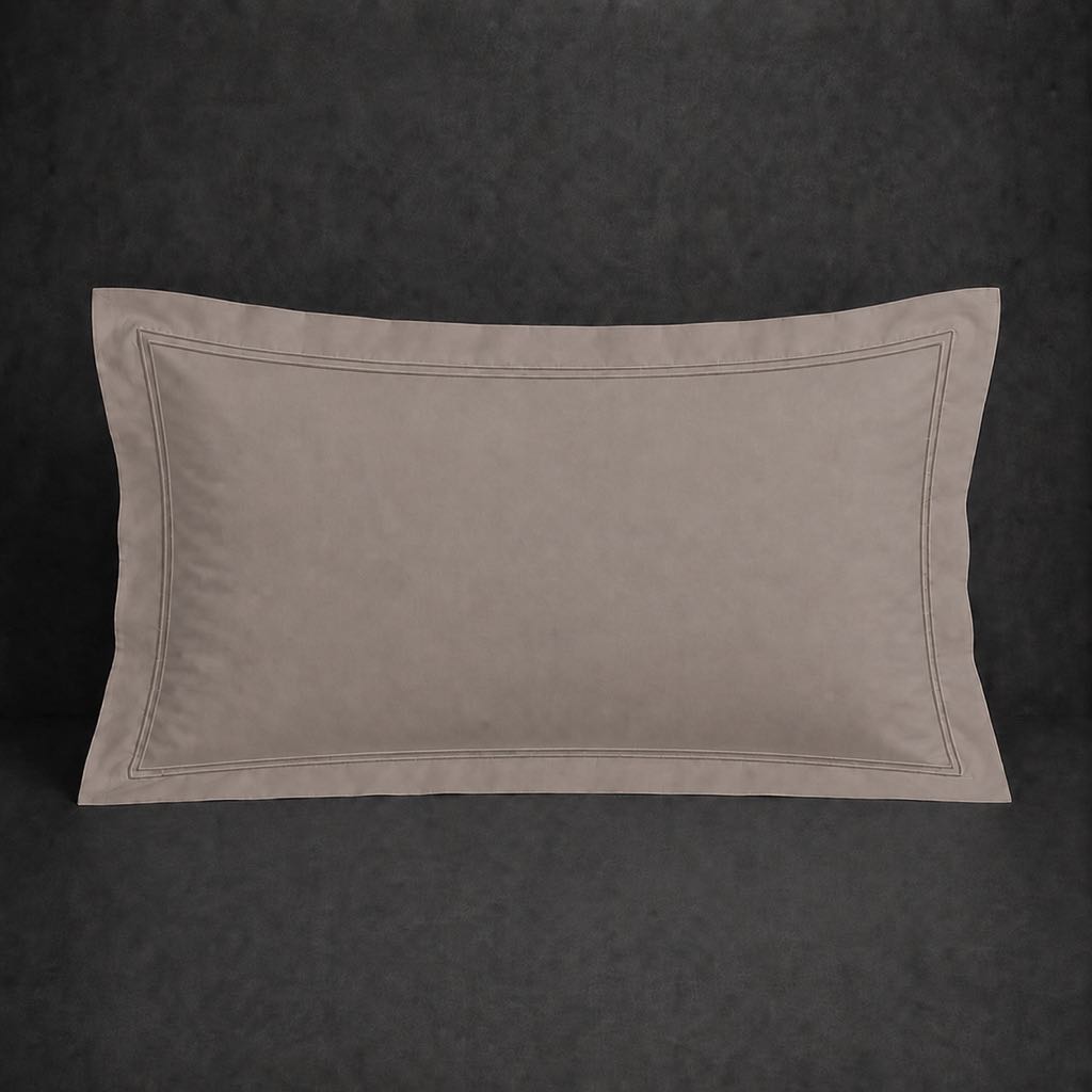 Stone polycotton percale 200TC Oxford pillow case, Standard and King, stone two row satin stitch — front view.