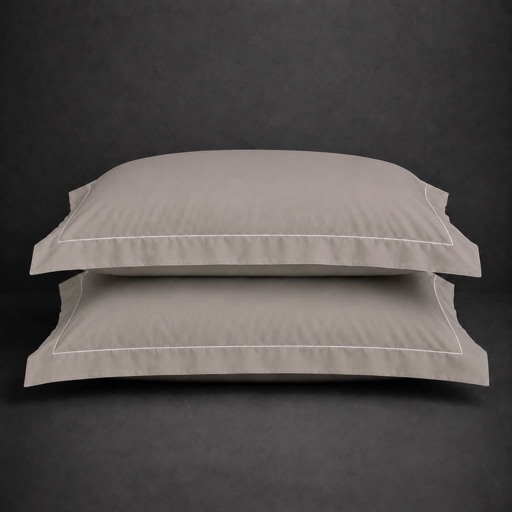 Stone polycotton percale 200TC Oxford pillow case, Standard and King, white one row satin stitch — stacked pair view.